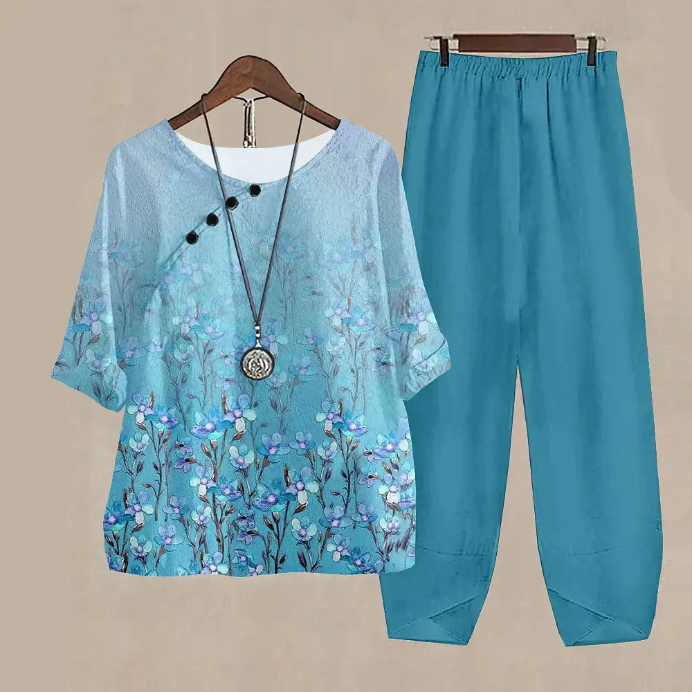 New Women O Neck Short Sleeve Suit Flower Print Elegant Two Piece Sets Female Outfits High Waist Loose Pants Ladies Tops Summer