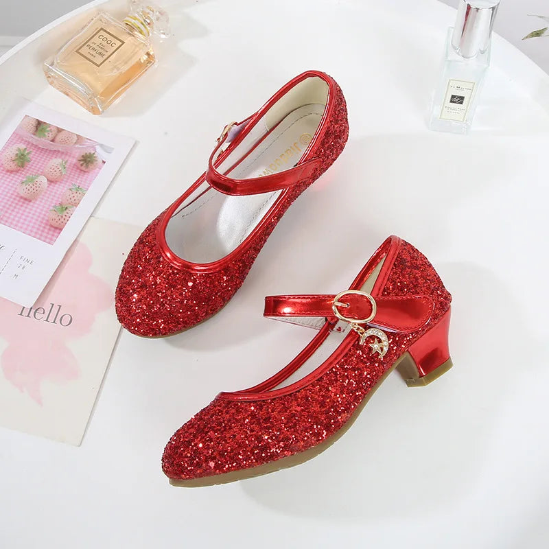 ULKNN Girls Purple High Heels For Kids Princess RED Leather Shoe Footwear Children's Party Wedding Shoes Round Toe 1-3CM
