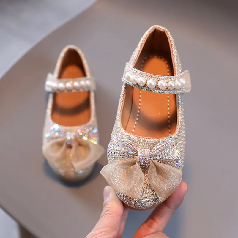 2023 Spring Girls Leather Shoes Princess Cute Bow Pearl Baby Girl Shoes Soft Bottom Kids Sneakers Toddler Shoes