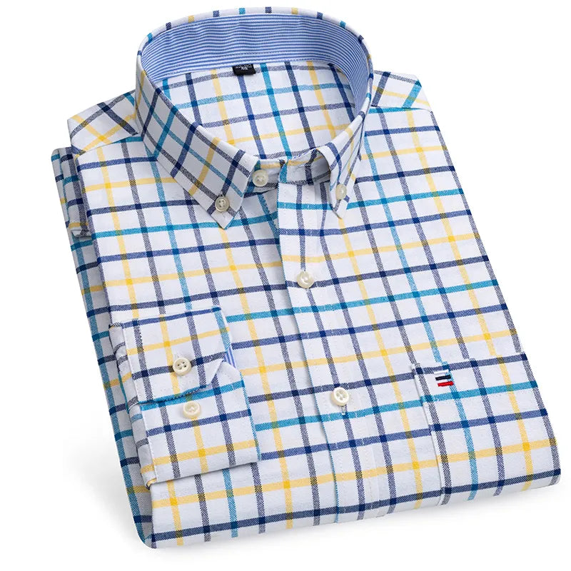 100% Pure Cotton Oxford Shirts for Men Long Sleeve Plaid Shirt Striped Male BusinessTartan Red Shirt Mans Designer Clothes