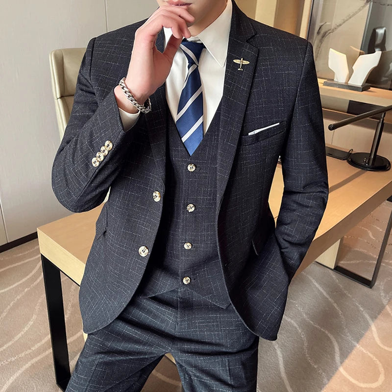 Jacket Vest Pants High End Brand Casual Business Formal Office Plaid Men's Suit Groom Wedding Dress Party Suit Blazer Trousers