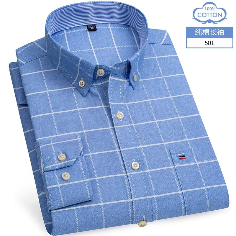 Casual Shirts For Men Cotton Oxford Plaid Striped Long Sleeve 4 Season Soft Breathable Classic Elegant Business Smart Shirts