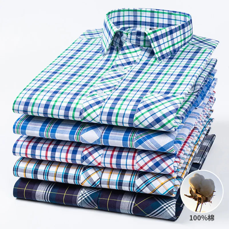 Spring Summer 100% Pure Cotton Man' Shirt Long Sleeve Plaid Cool Checkered Shirts Men Business Casual with Pocket Leisure