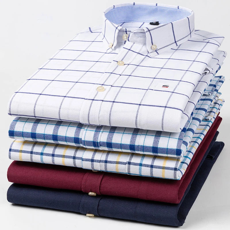 100% Pure Cotton Oxford Shirts for Men Long Sleeve Plaid Shirt Striped Male BusinessTartan Red Shirt Mans Designer Clothes