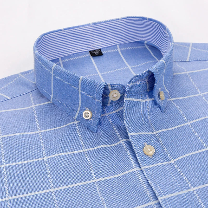 Men Oxford Fashion 100% Cotton Long Sleeve Casual Slim Solid Color Plaid Print Stripe Formal Dress Shirt Plus Size