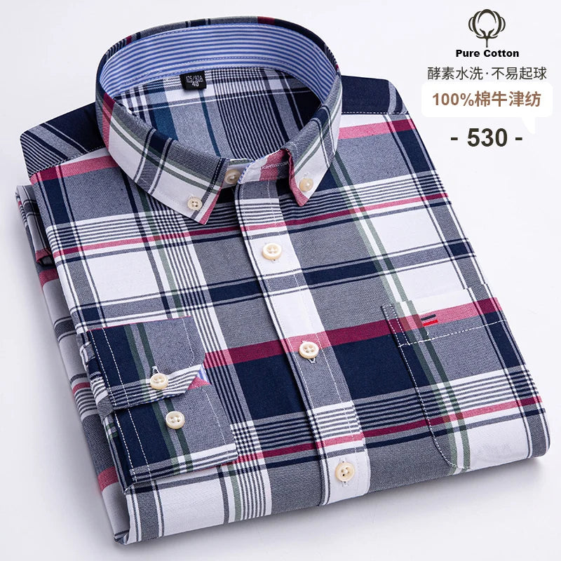 Men's Casual 100% Cotton Oxford Striped Pocket Long Sleeve Soft Buttoned Plaid Formal Male Clothes Oversized Shirt Plus Size