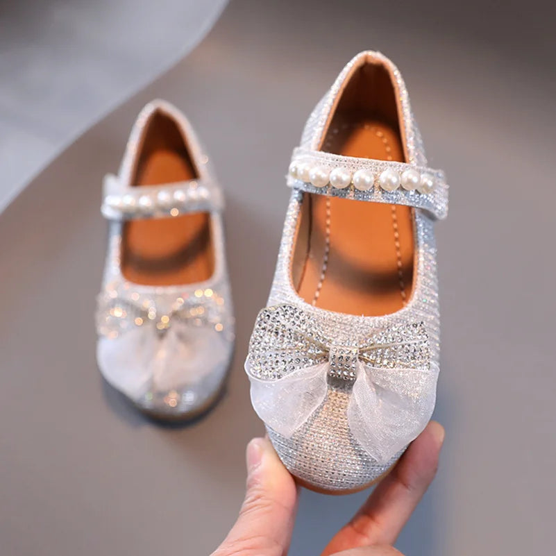 2023 Spring Girls Leather Shoes Princess Cute Bow Pearl Baby Girl Shoes Soft Bottom Kids Sneakers Toddler Shoes
