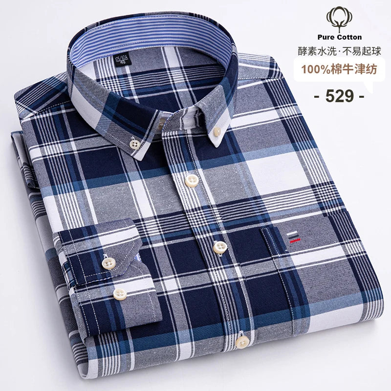 Men's Casual 100% Cotton Oxford Striped Pocket Long Sleeve Soft Buttoned Plaid Formal Male Clothes Oversized Shirt Plus Size