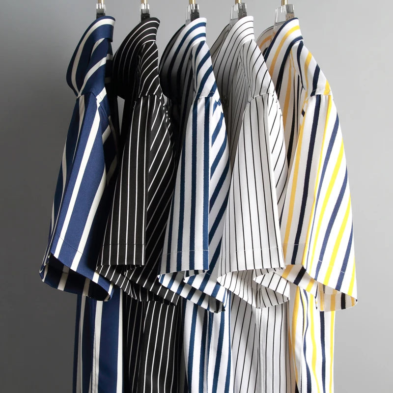 2023 Regular Fit Short Sleeve Strech Striped Shirts for Men Summer Soft Business Men's Dress Shirt Casual