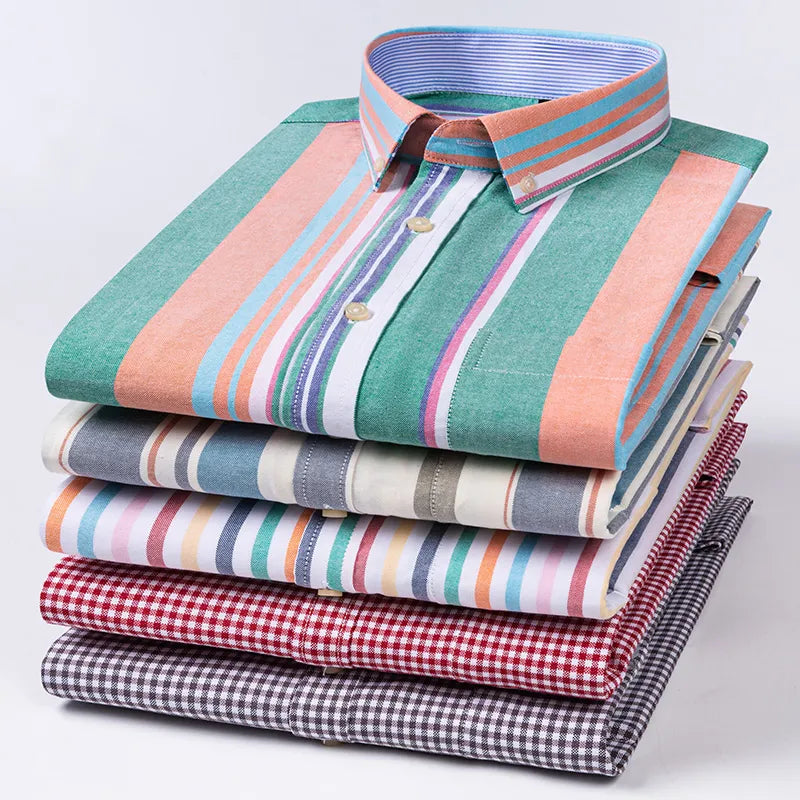 Men's Casual 100% Cotton Oxford Striped Pocket Long Sleeve Soft Buttoned Plaid Formal Male Clothes Oversized Shirt Plus Size
